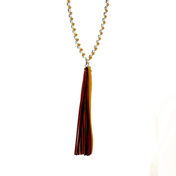 LONG 36" /Prayer Meditation Long Necklace w Brown Leather Tassel Accessible - Picture 3 of 8